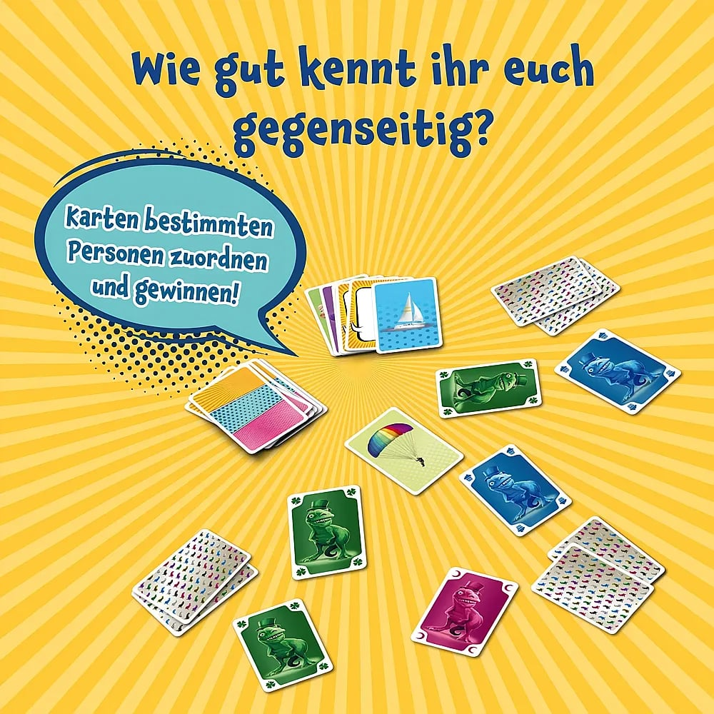 Kartenspiel auf gelbem Hintergrund mit Text und bunten Karten mit Dinosauriern.