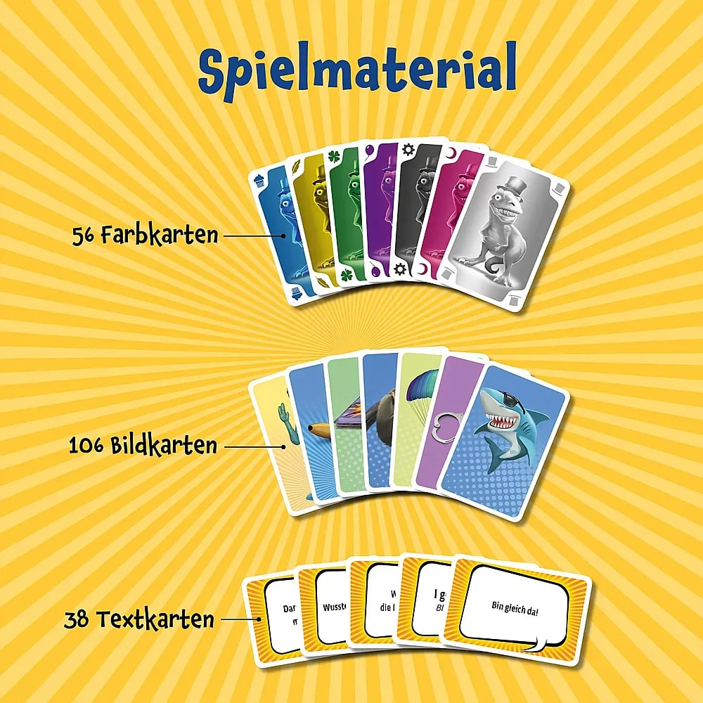 Spielmaterial mit 56 Farbkarten, 106 Bildkarten und 38 Textkarten vor gelbem Hintergrund.