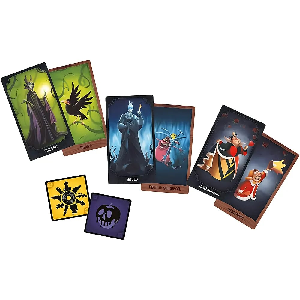 Diverses cartes de jeu Disney Villainous affichent des personnages comme Maléfique, Hadès et la Reine de Cœur.