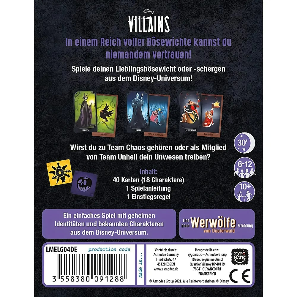 Dos de la boîte de jeu Disney Villains avec texte, cartes de personnages, icônes et code-barres.