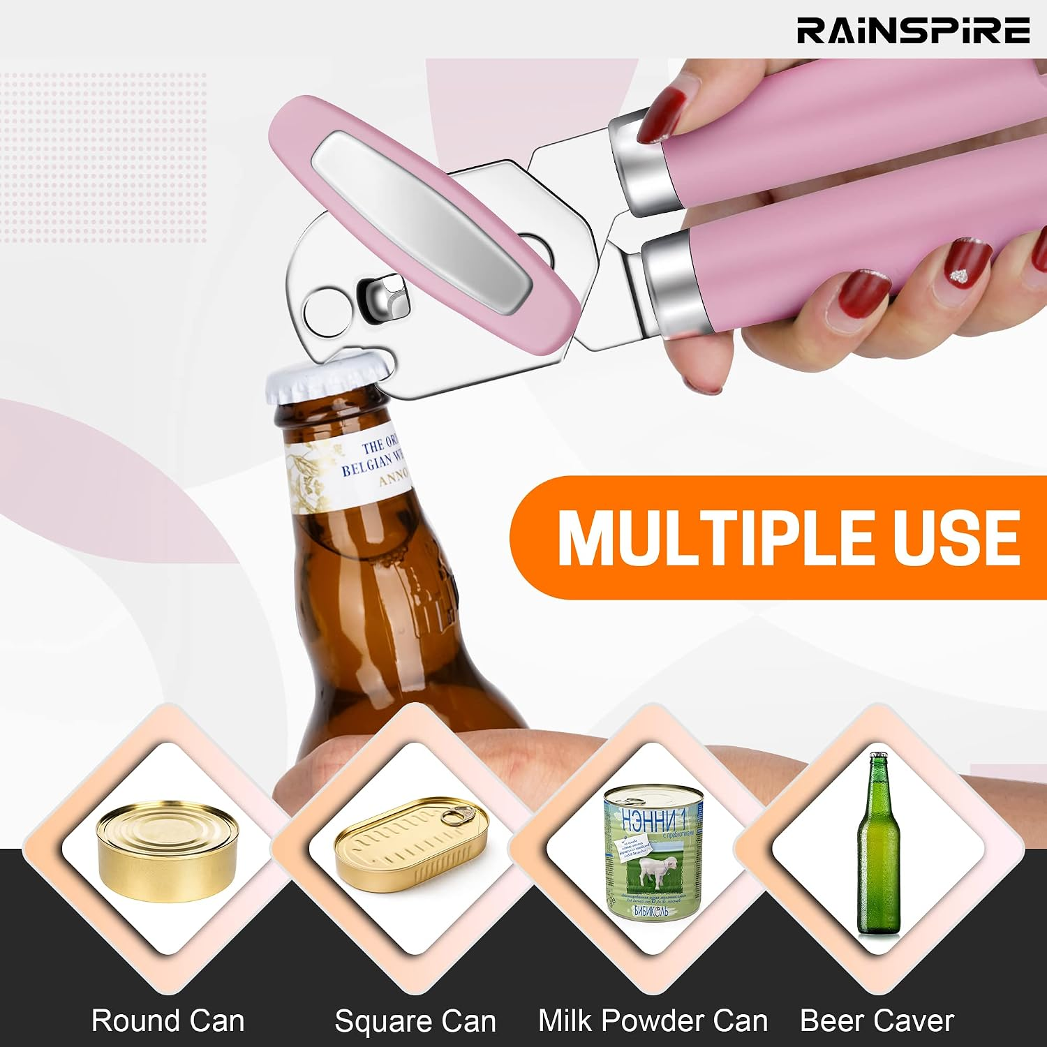 Hand hält pinken Dosenöffner, der eine Bierflasche öffnet. Unten Symbole für verschiedene Dosen und Flaschen.