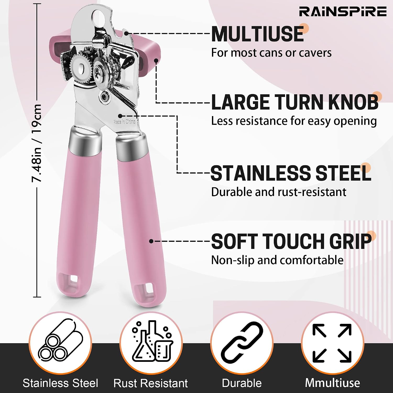 Manueller Dosenöffner in Rosa und Edelstahl mit Produktmerkmalen auf hellem Hintergrund.
