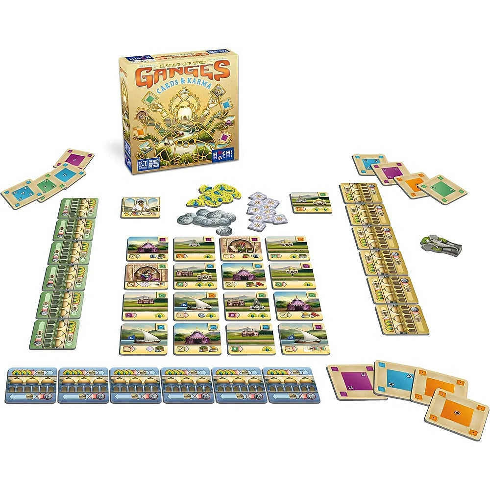 Das Brettspiel Rajas of the Ganges: Cards & Karma mit geöffneter Schachtel, Karten und bunten Spielplättchen.