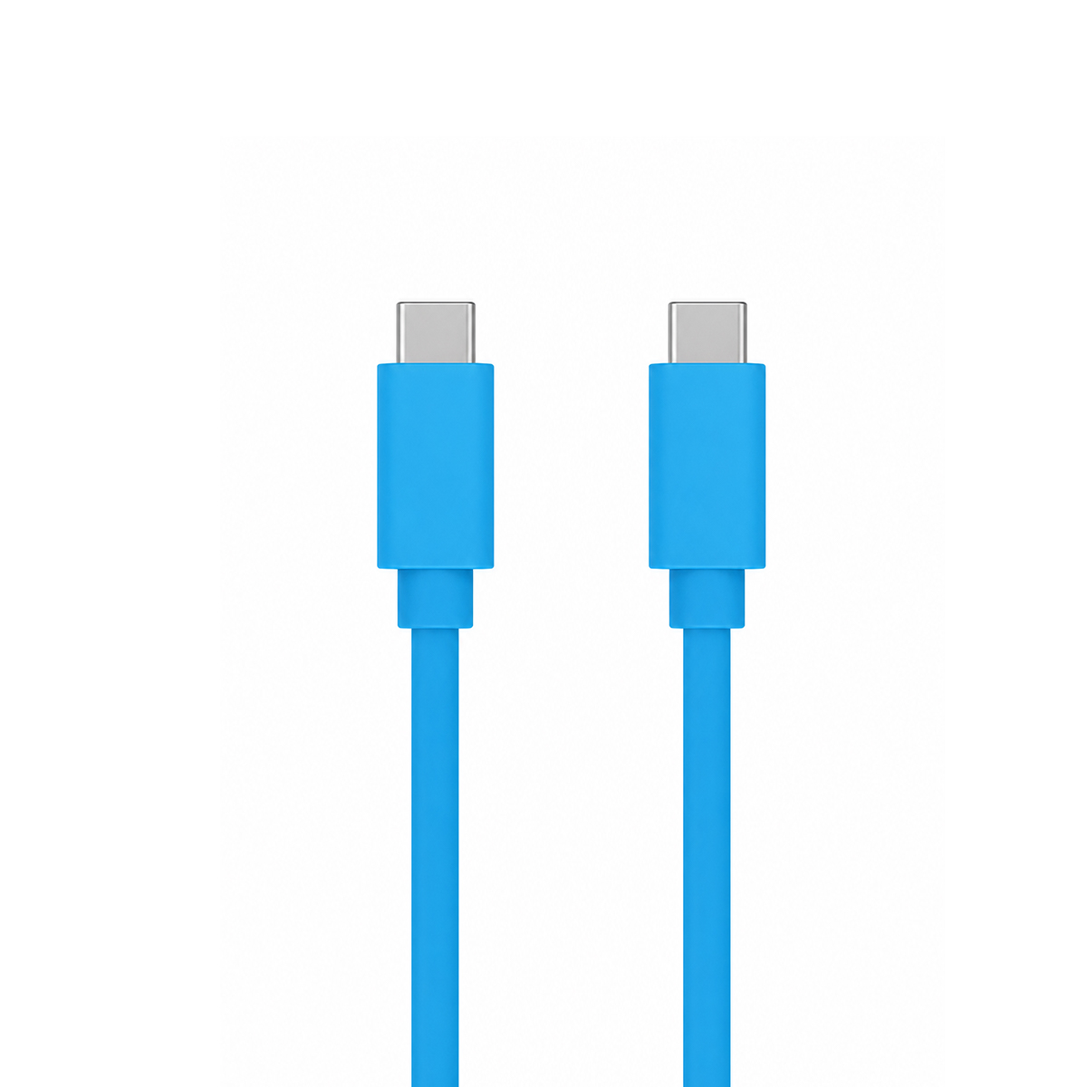 Zwei hellblaue USB-C-Kabelenden vor weißem Hintergrund.