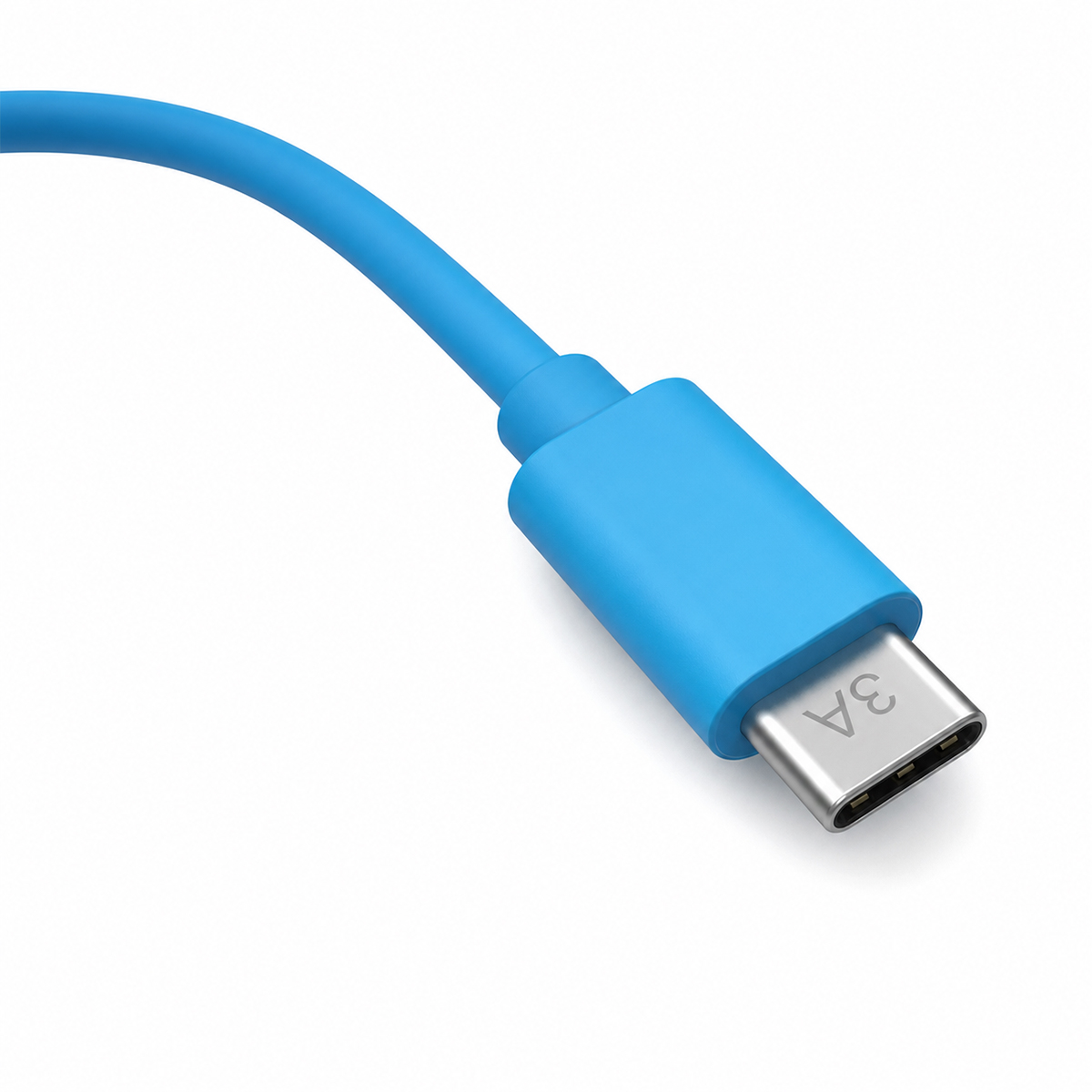 Ein blaues USB-C-Kabel mit Metallstecker vor weißem Hintergrund.
