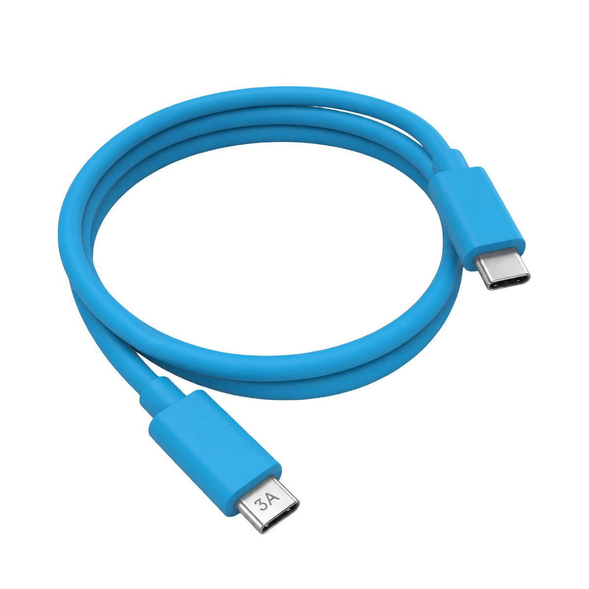 Ein blaues USB-C-Kabel auf einem weißen Hintergrund.