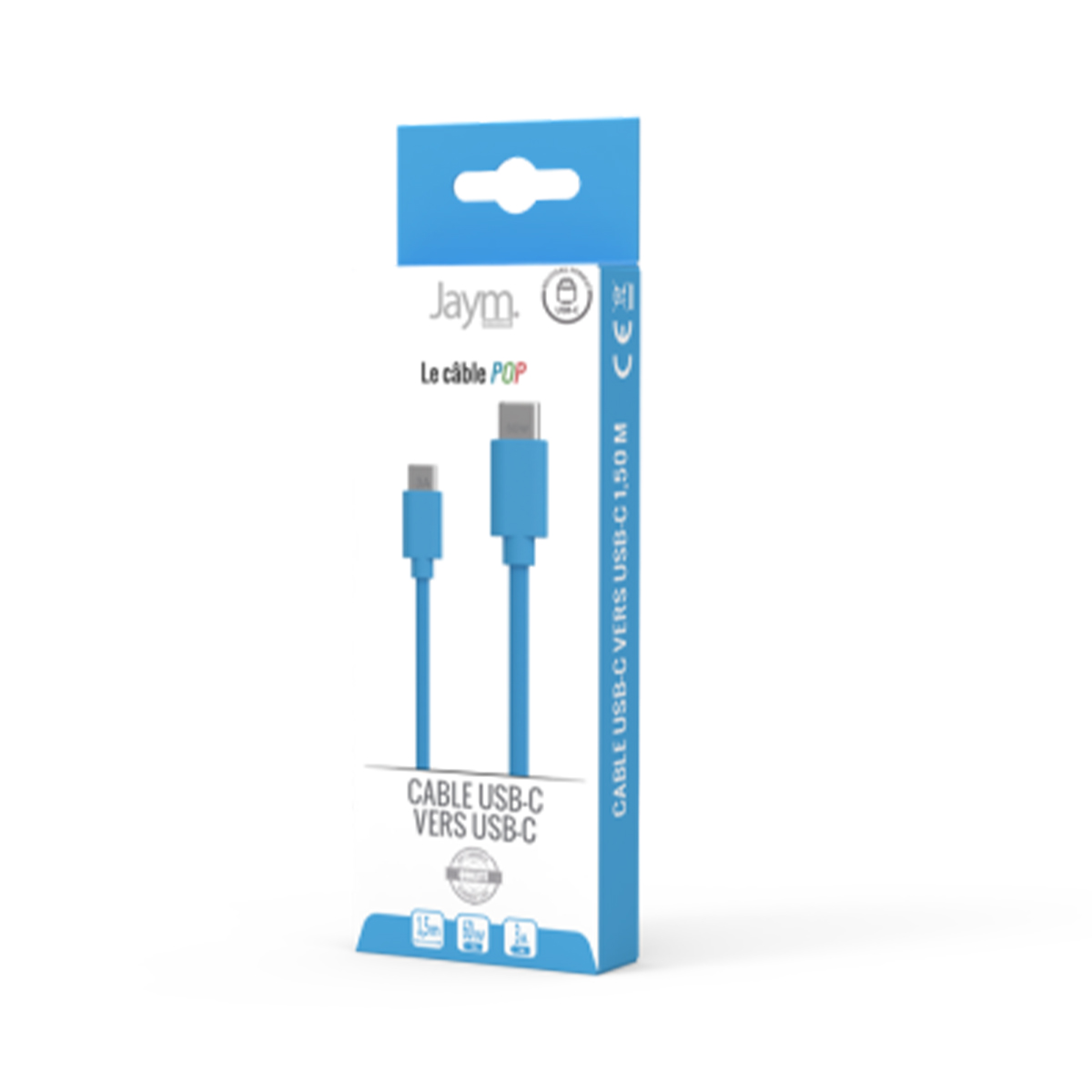 Eine blaue Produktverpackung für ein Jaym USB-C auf USB-C Kabel mit Anschlüssen.