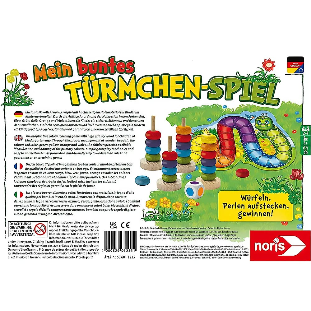 Verpackung des bunten Türmchen-Spiel von Noris mit Holzteilen und einer bunten Raupe.
