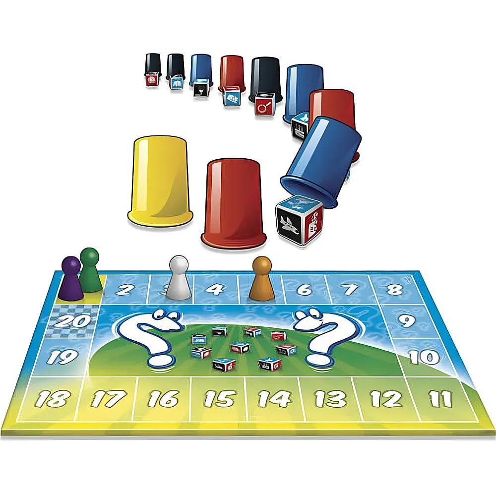 Ein Brettspiel mit Spielfiguren, bunten Würfeln und umgedrehten Bechern, die ein Spielfeld mit Zahlen umgeben.