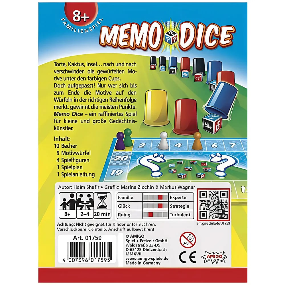 Rückseite der Spieleverpackung von Memo Dice mit bunten Bechern, Spielregeln, Inhalt und Barcode unten.