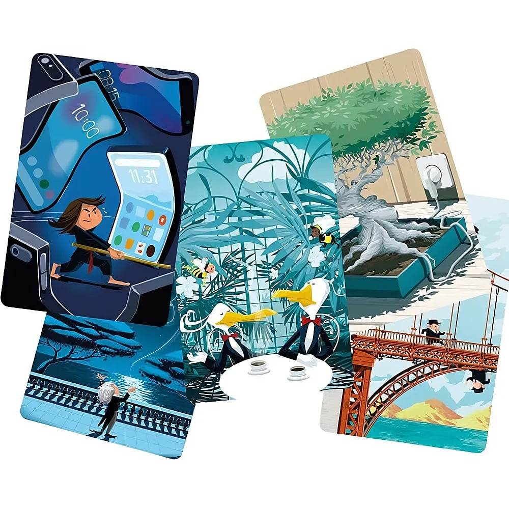 Un collage de cinco ilustraciones coloridas con varias escenas y personajes caprichosos.