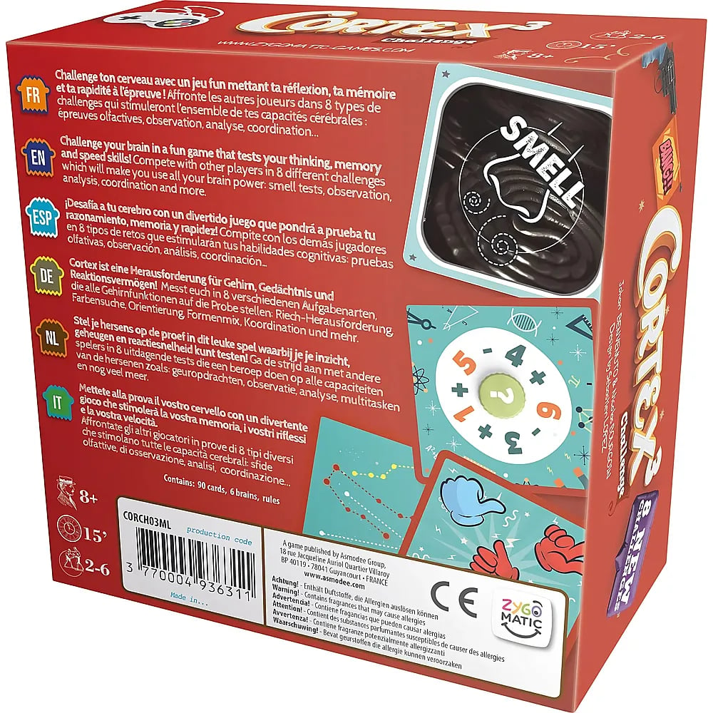 Parte trasera de una caja roja de juego de mesa Cortex 3 con texto multilingüe e imágenes.