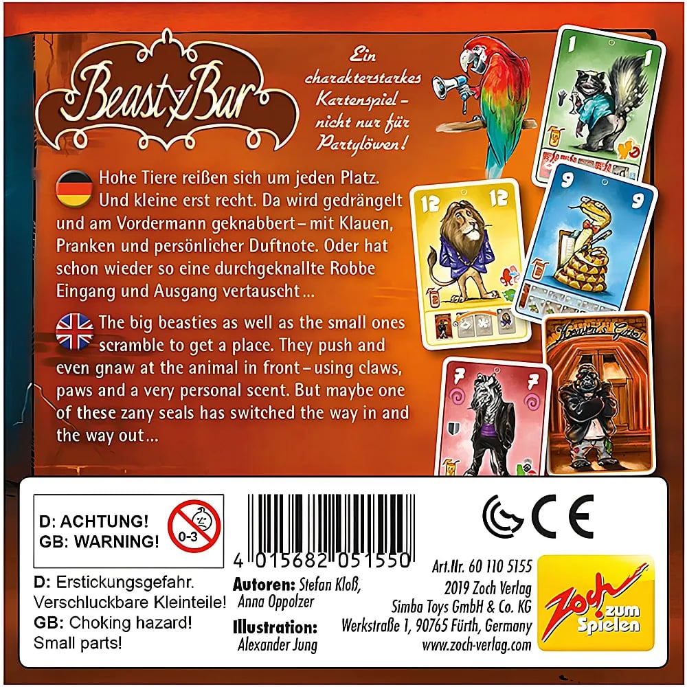 Rückseite der Beast Bar Kartenspielbox mit Beschreibung, Tierkarten, Papagei und Strichcode.