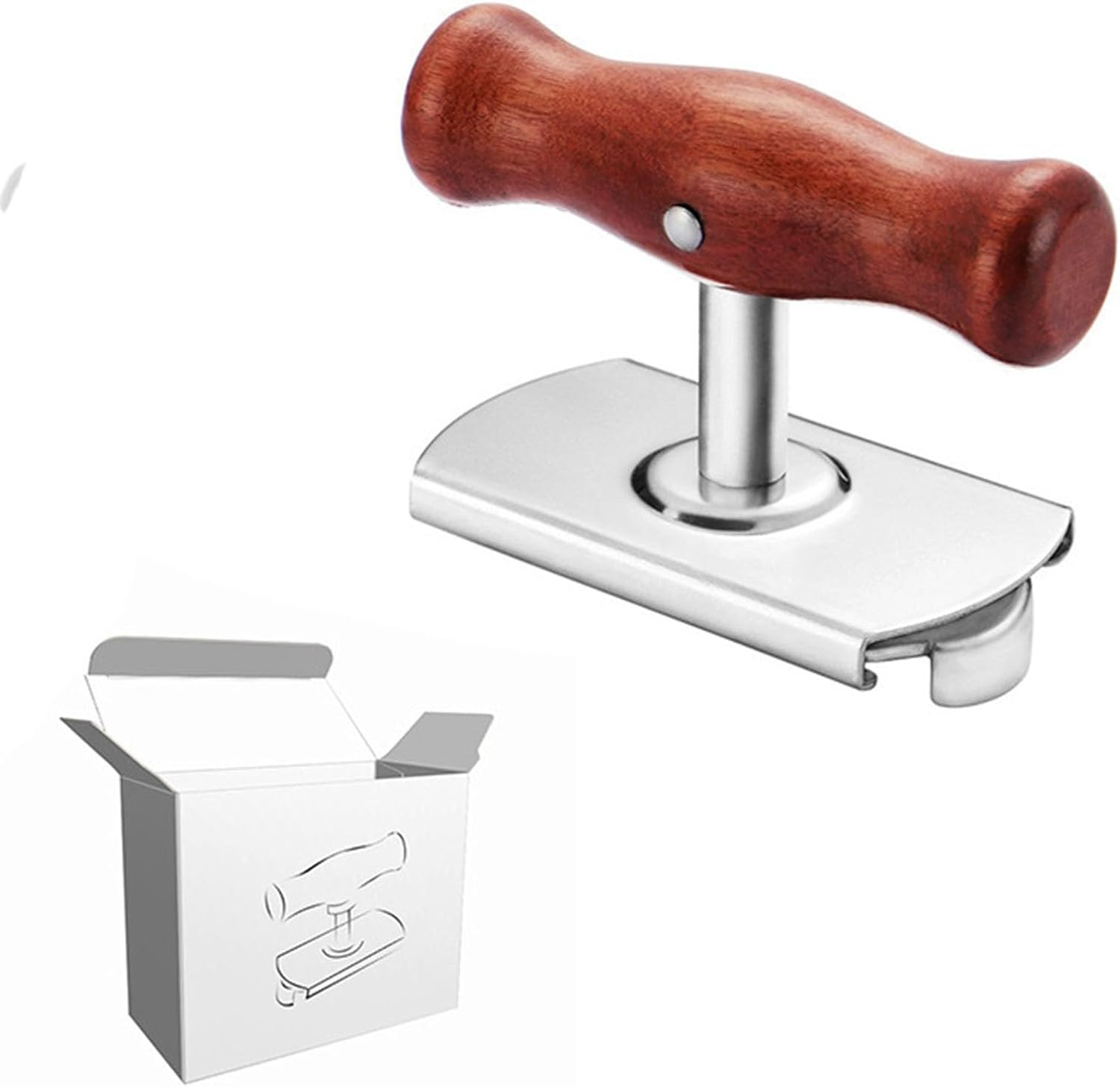 Ein Dosenöffner aus Edelstahl mit Holzgriff neben seiner offenen weißen Verpackung.