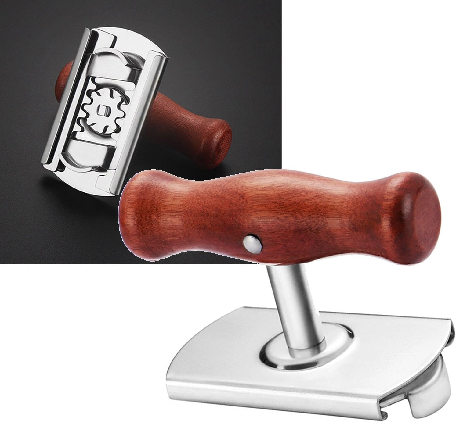 Ein Dosenöffner aus Edelstahl mit einem roten Holzgriff auf dunklem Hintergrund.