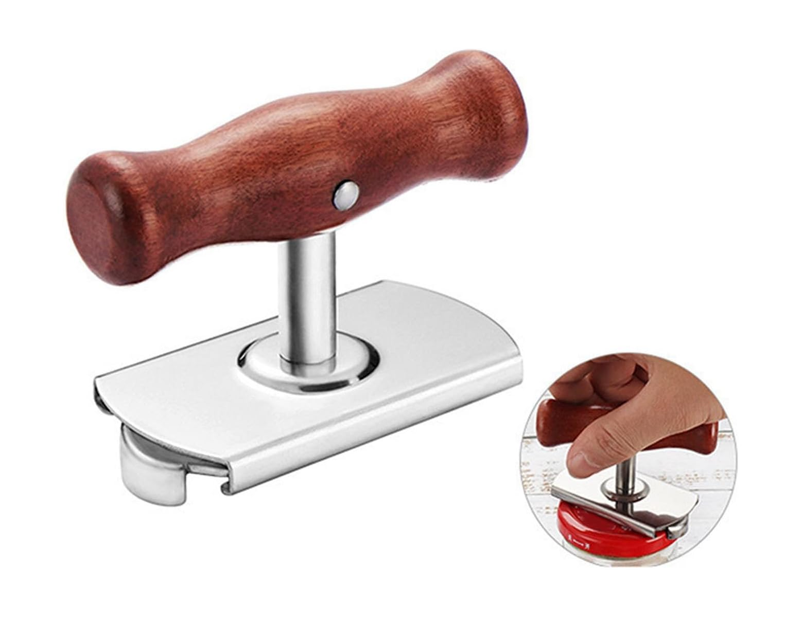 Ein Jar-Opener aus Edelstahl mit Holingriff, daneben ein Inset-Bild zeigt seine Anwendung auf einem Glas.