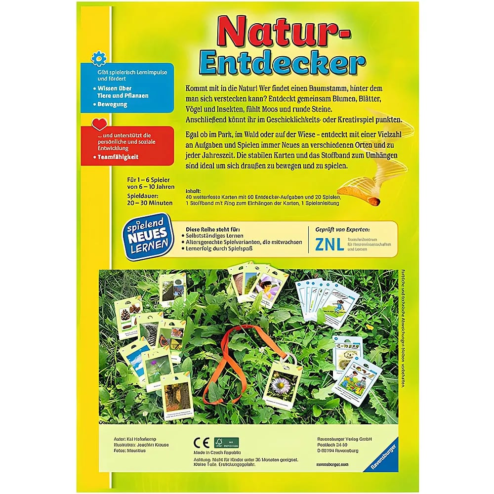 Grüne Spielebox mit Natur-Entdecker Karten, Text und Symbolen für Kinder.