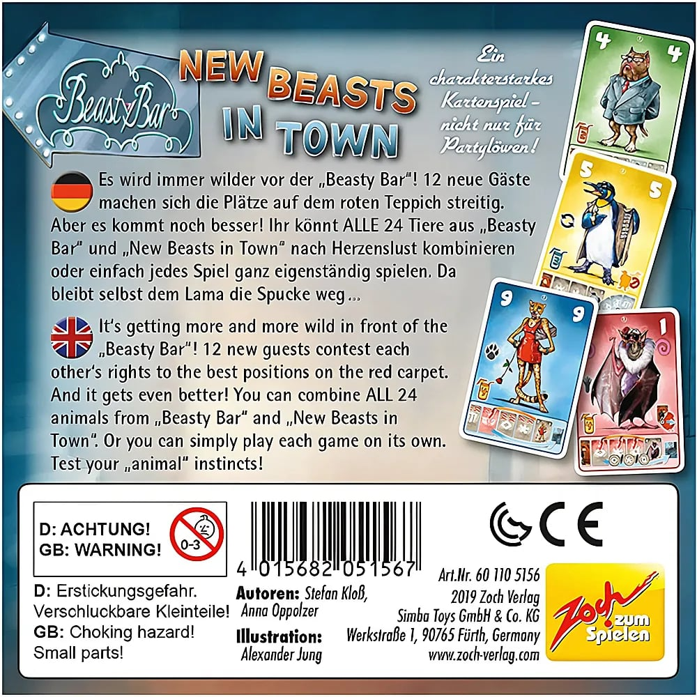 Rückseite der Spieleverpackung von Beastly Bar: New Beasts in Town mit Text und Spielkarten.