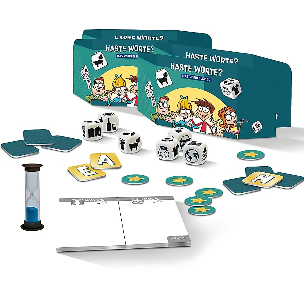 Brettspielkomponenten mit blauen Boxen, Würfeln mit Symbolen, Buchstabenplättchen, Sternmarkern, Sanduhr und Block.