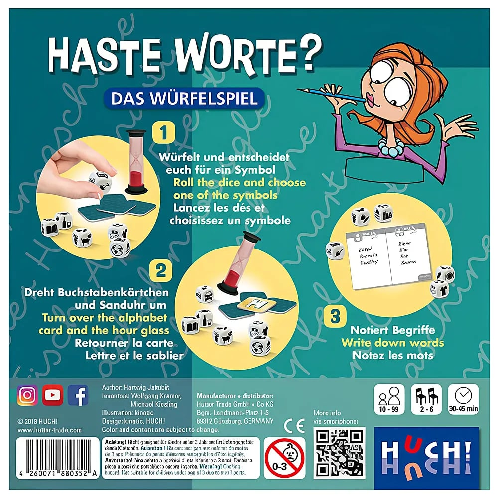 Spielverpackung von Haste Worte mit Spielregeln, Würfeln, Sanduhr und einer Cartoon-Frau.
