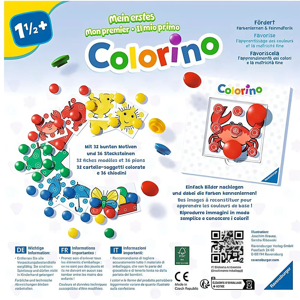 Ravensburger Colorino Spielpackung mit bunten Vorlagen und Stecksteinen für Kleinkinder.