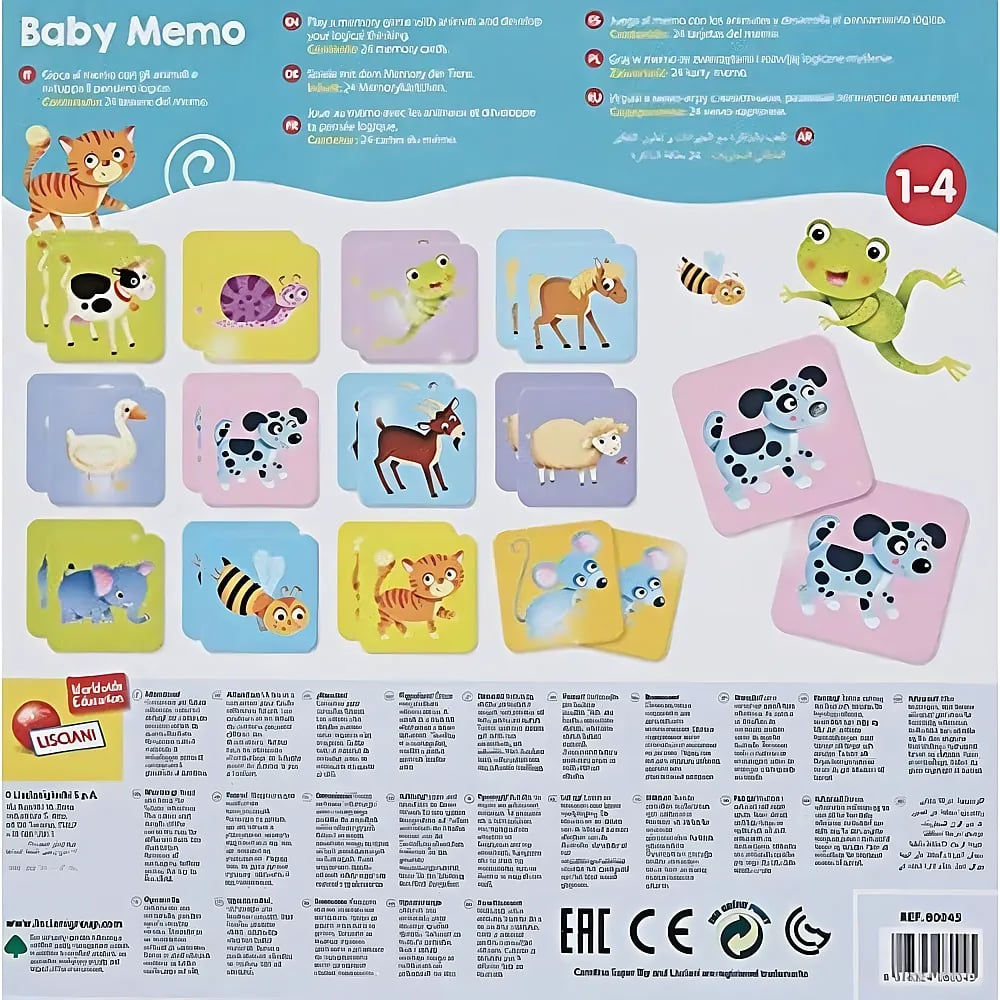 Spielverpackung Baby Memo zeigt bunte Tierkarten und einen grünen Frosch.