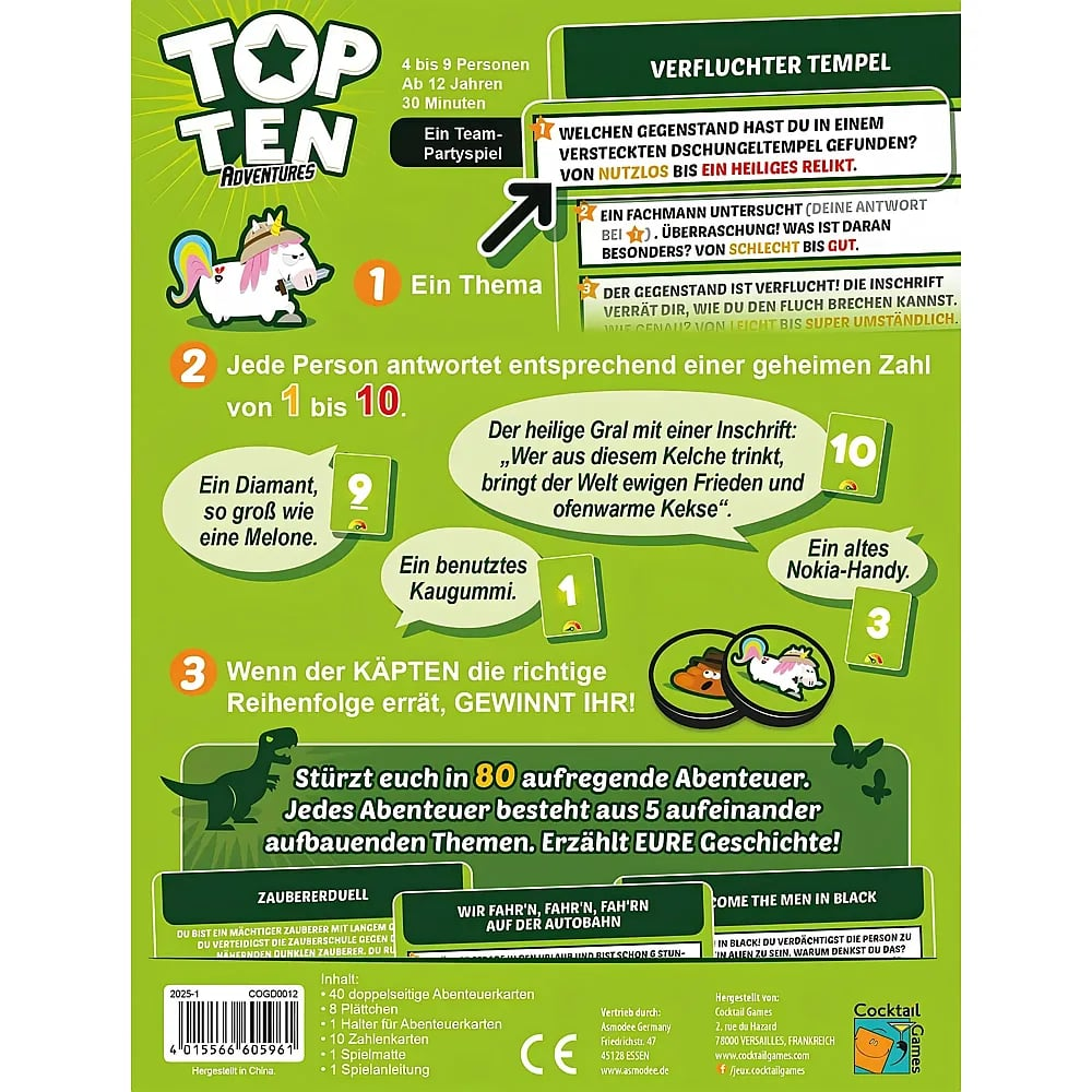 Grüne Brettspielverpackung mit Text, Cartoon-Einhorn, Dinosaurier und Spielregeln auf Deutsch.