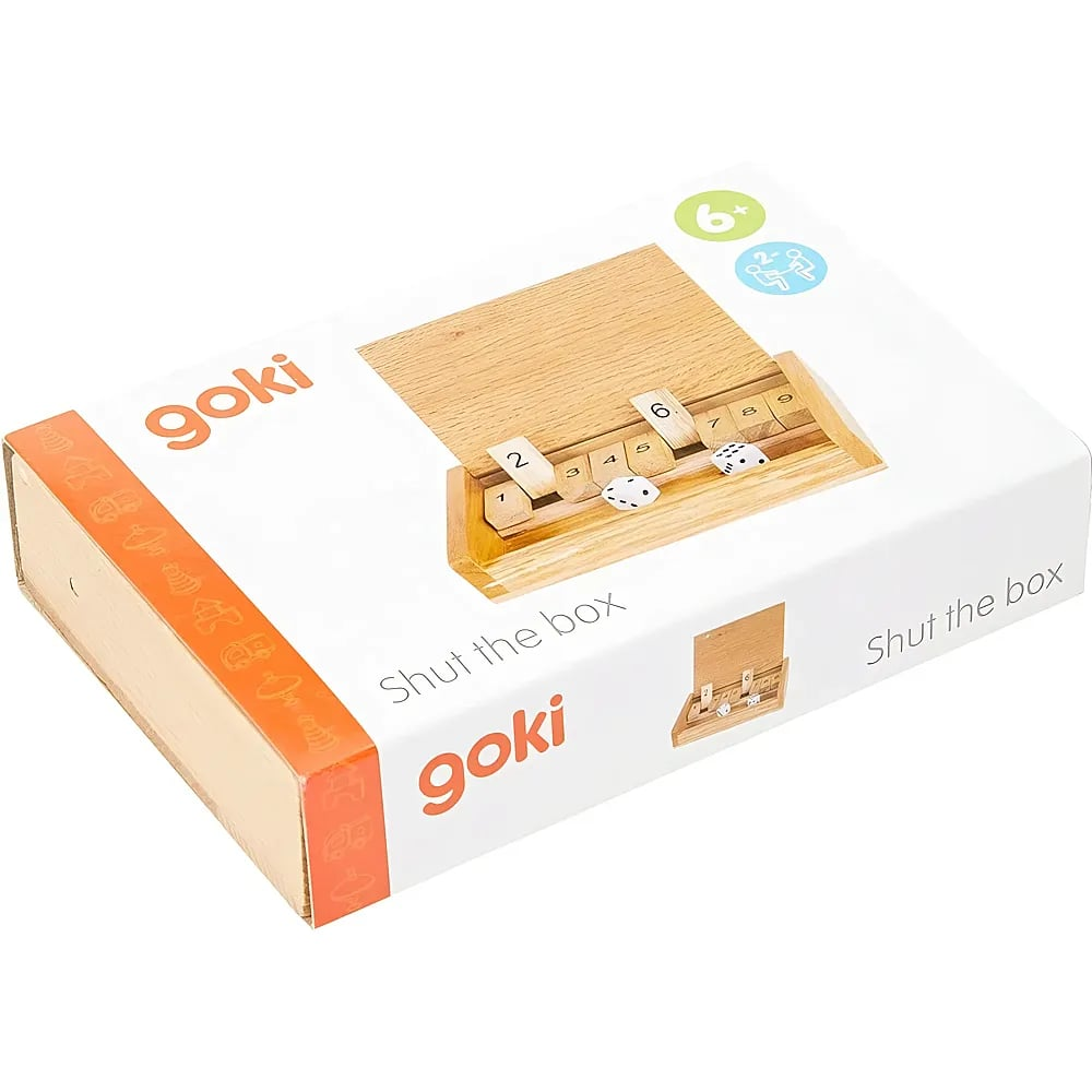 Verpackung des hölzernen Würfelspiels Shut the box von goki mit integrierten Zahlen und zwei Würfeln auf weißem Hintergrund.