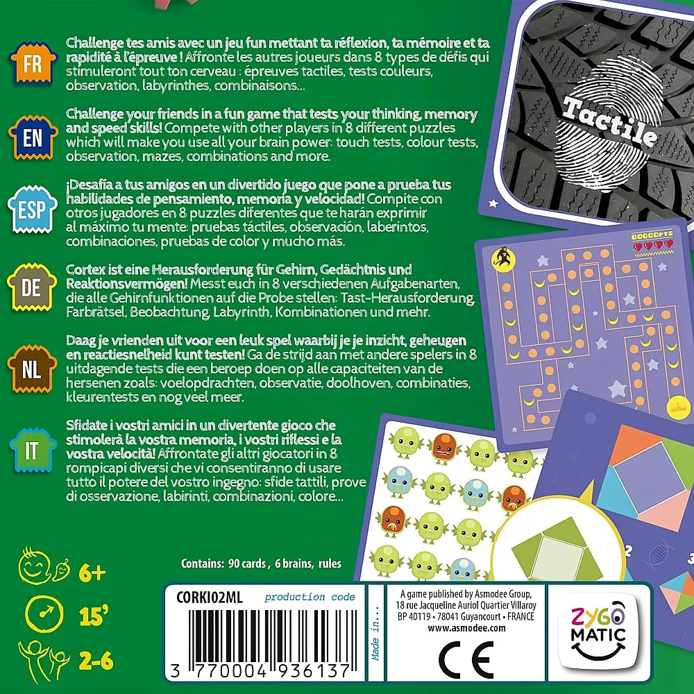 Rückseite der Cortex-Spielverpackung mit mehrsprachigen Beschreibungen, Fühlkarte und bunten Gehirnikonen.