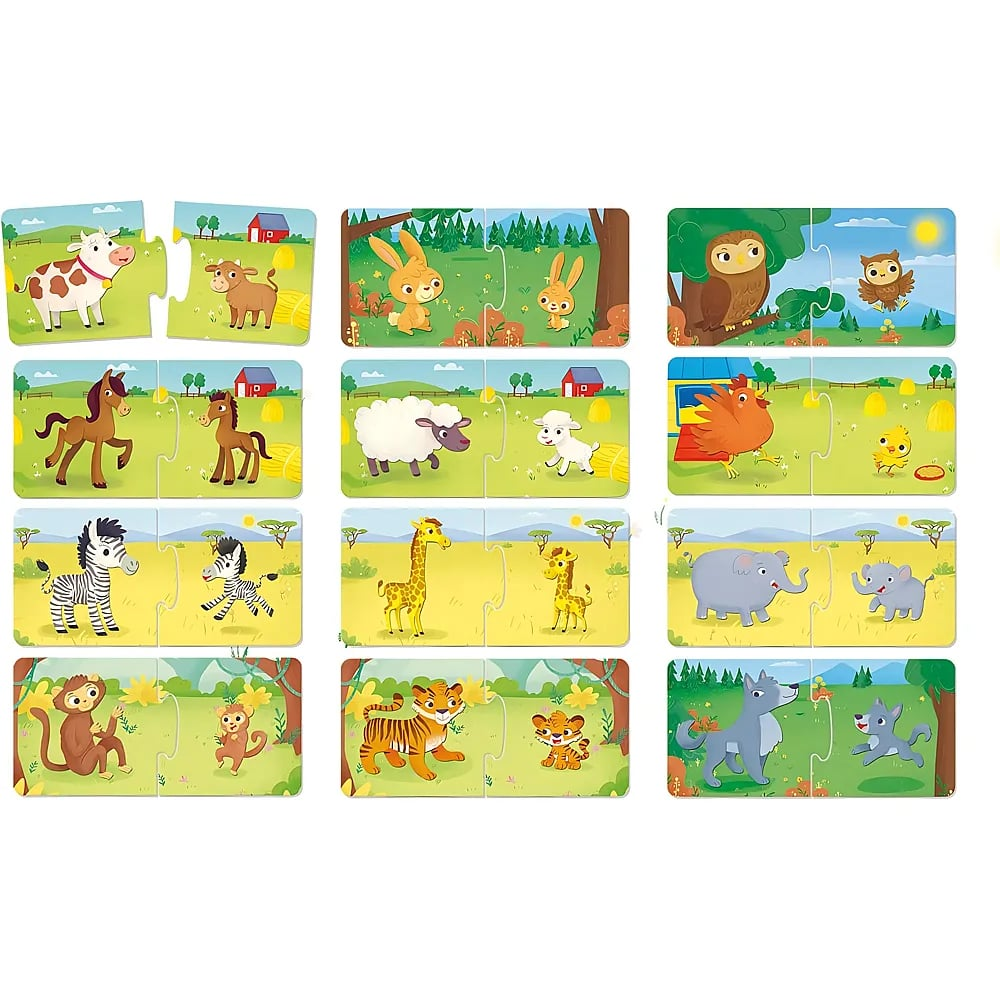 Puzzle-Set mit Tiermotiven, das erwachsene Tiere und deren Junge in verschiedenen Landschaften zeigt.