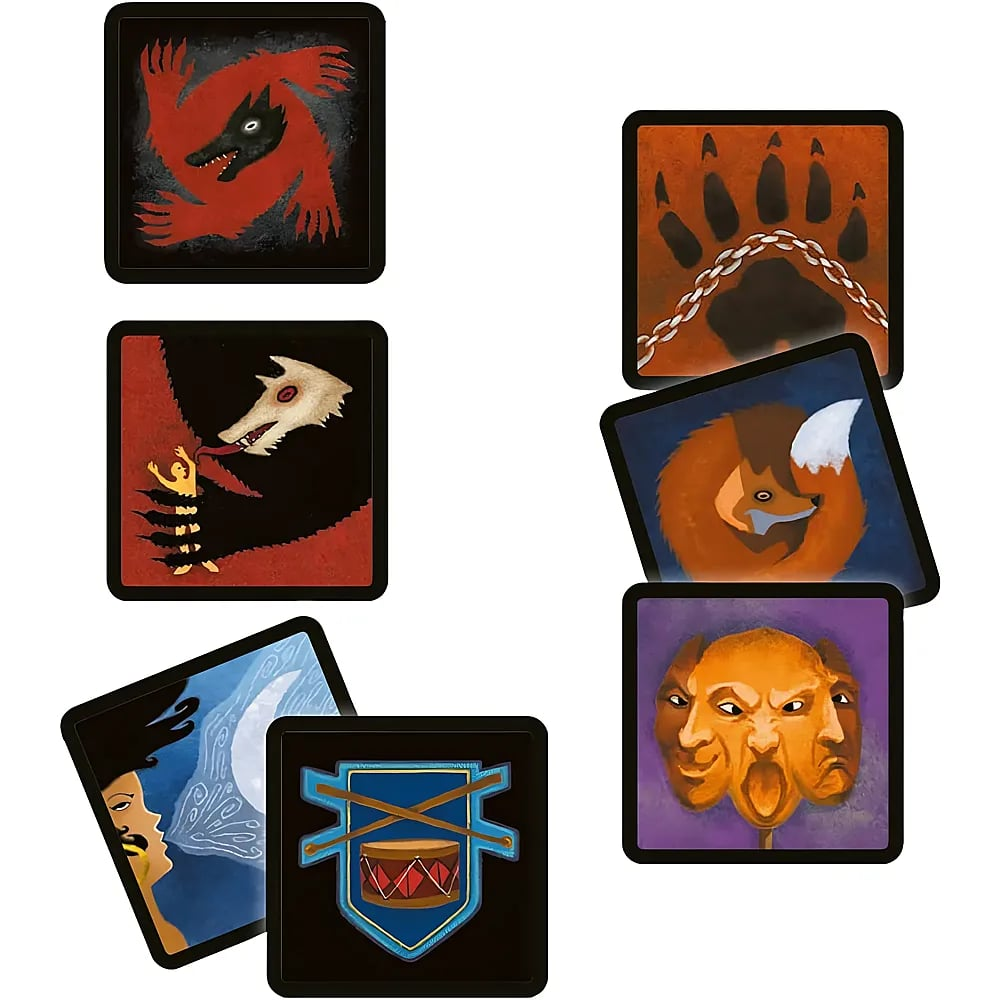 Quadratische Spielkarten mit Illustrationen von Tieren, Fabelwesen und Symbolen auf weißem Hintergrund.