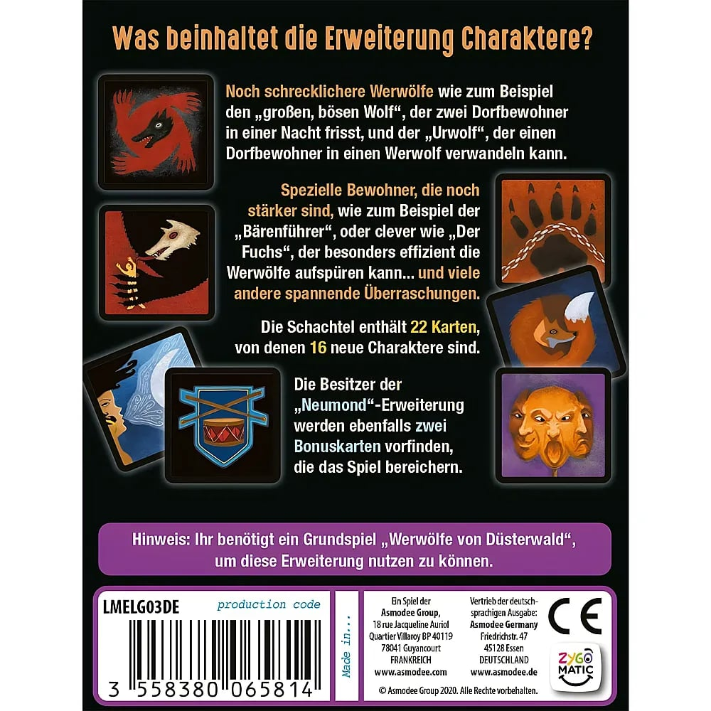 Rückseite der Erweiterungsbox von Werwölfe von Düsterwald mit deutschem Text und Kartenillustrationen.