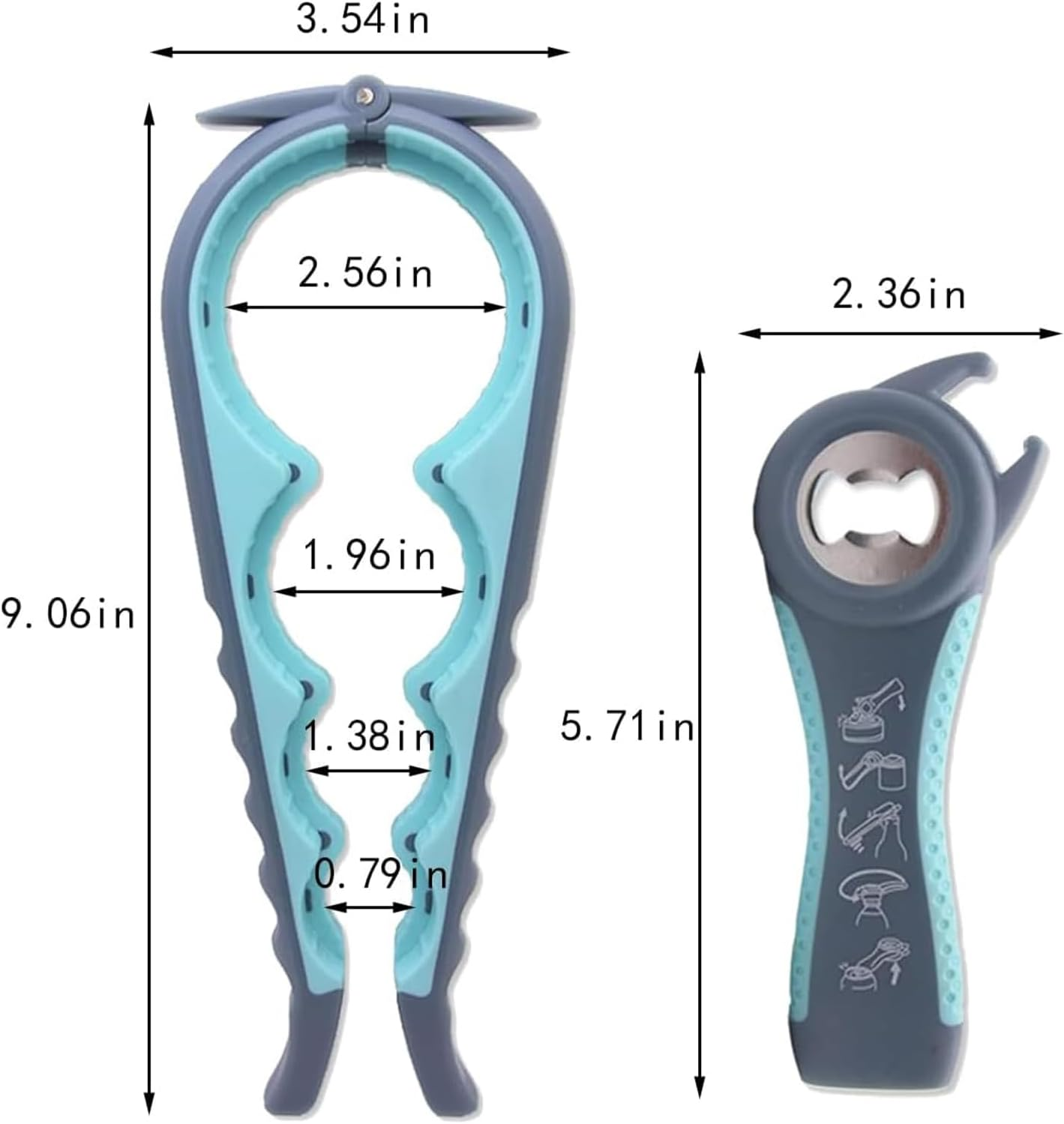 Zwei graue und blaue Flaschenöffner mit Maßangaben in Zoll.