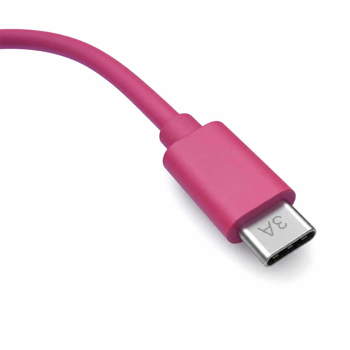 Ein pinkes USB-C-Kabel mit Metallstecker vor weißem Hintergrund.