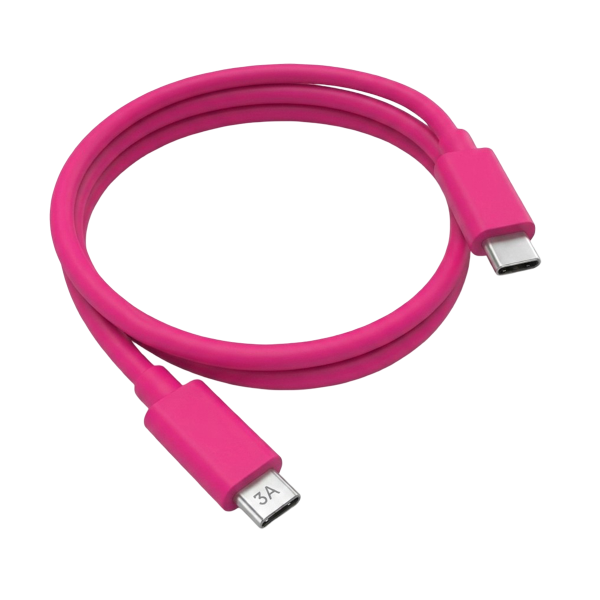 Ein rosafarbenes USB-C-Kabel auf weißem Hintergrund mit silbernen Anschlüssen.