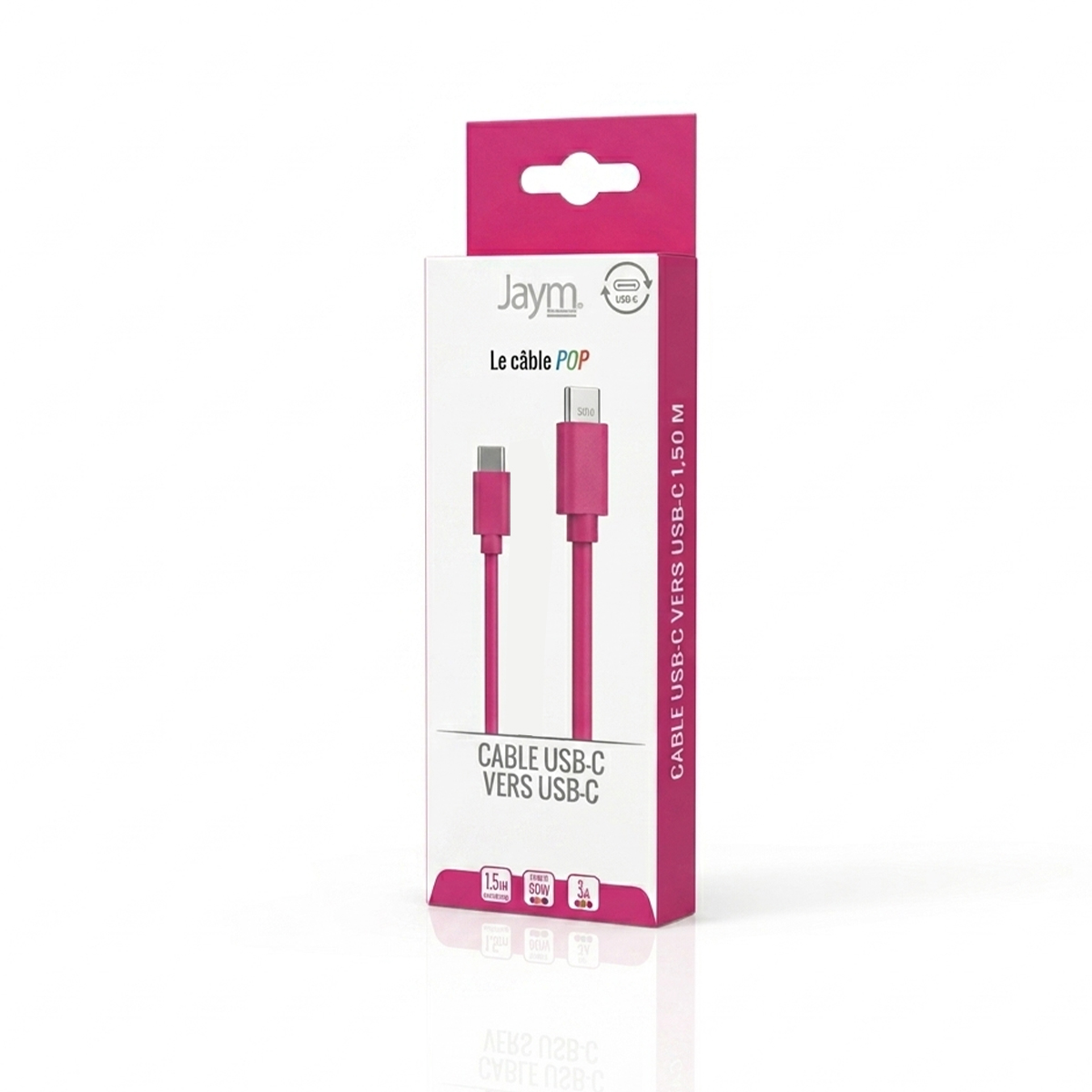 Eine weiße und pinke Verpackung für ein Jaym USB-C zu USB-C Kabel auf weißem Hintergrund.