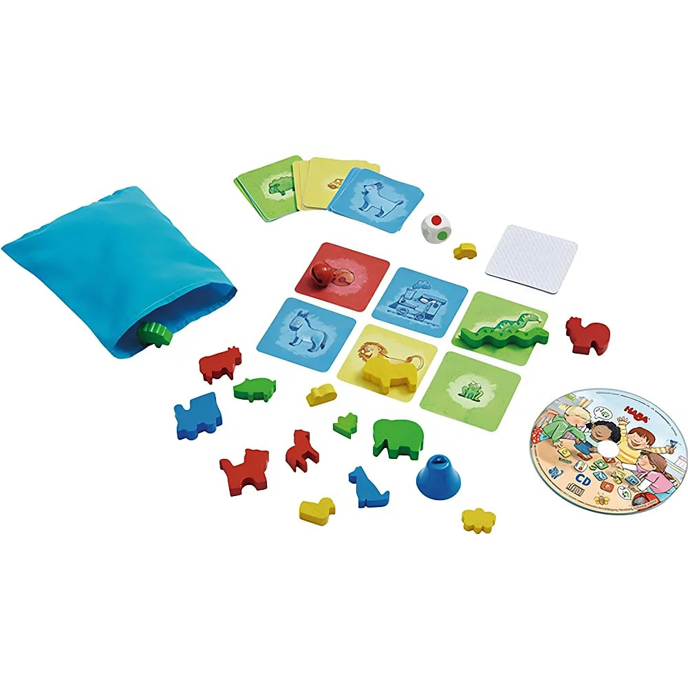 Colorato gioco per bambini con statuine di legno, carte, dadi, borsa blu e CD su sfondo bianco.
