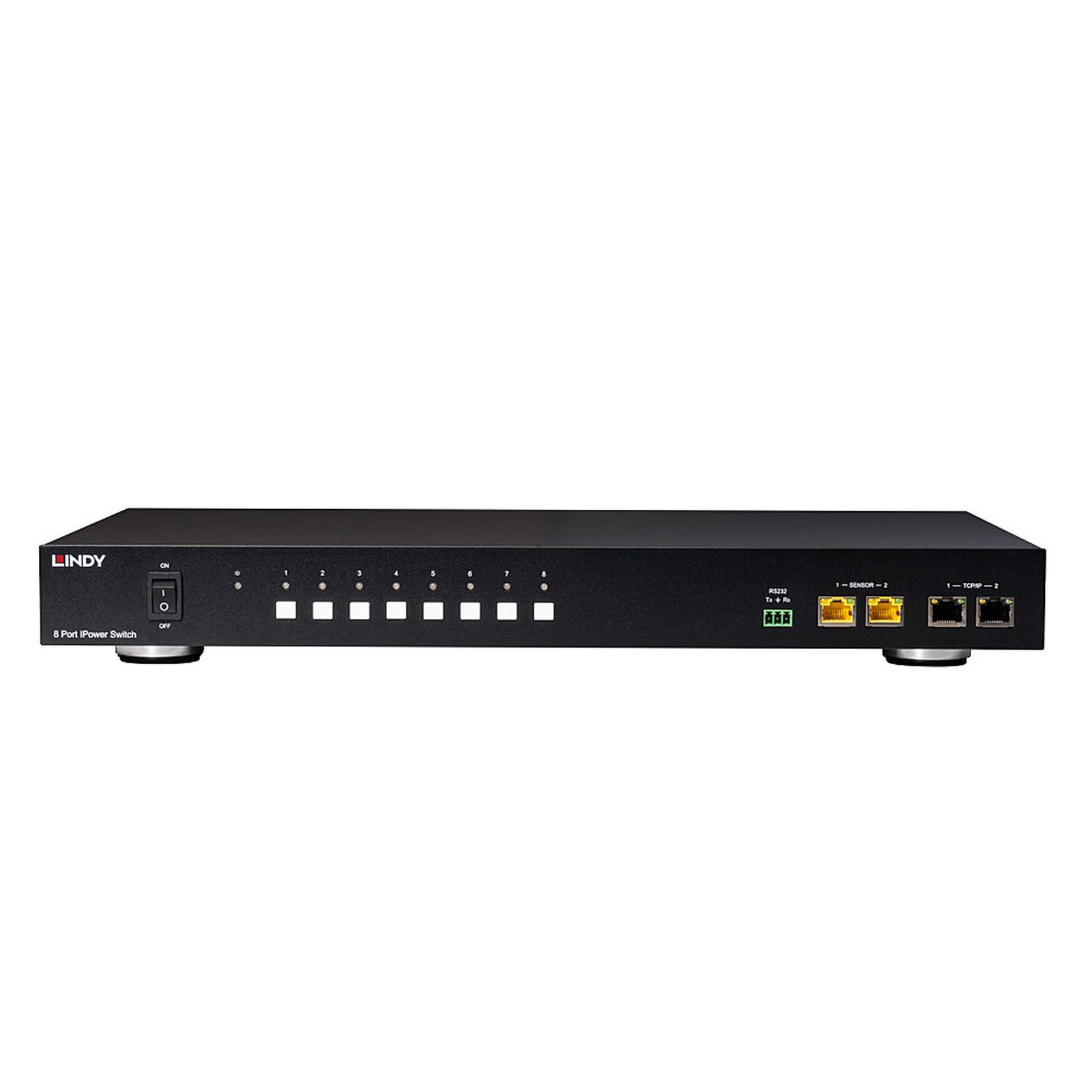 Ein schwarzer Lindy 8-Port IPower Switch mit Netzschalter, Status-LEDs und Ethernet-Anschlüssen.