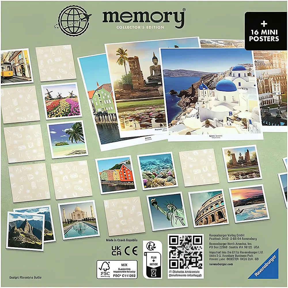 Memory Spielesammlung mit verschiedenen Postkarten von weltweiten Reisezielen.