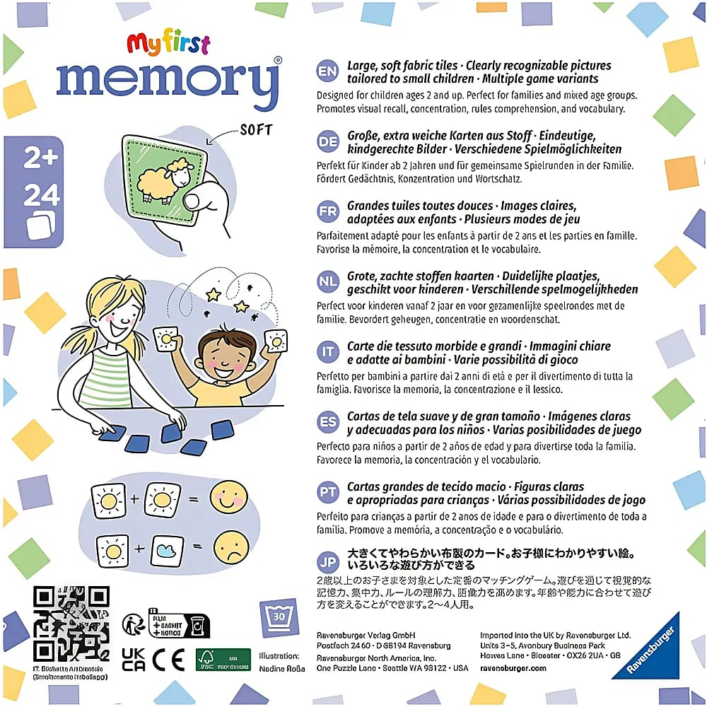 Verpackung von My First Memory Soft mit Spielbeschreibung in vielen Sprachen und Illustrationen.