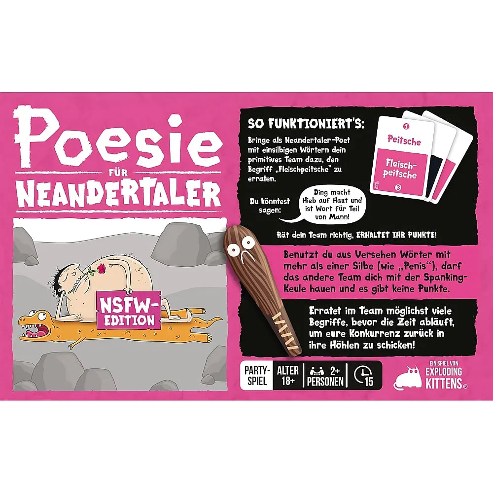 Rosa Spieleverpackung von Poesie für Neandertaler NSFW mit Cartoon-Grafiken und Text.