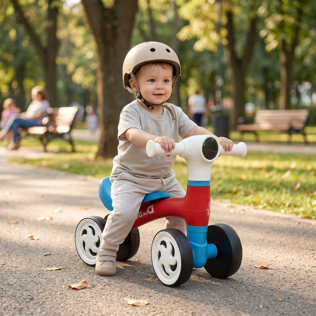 Niño con casco monta en una bicicleta de equilibrio roja y azul.
