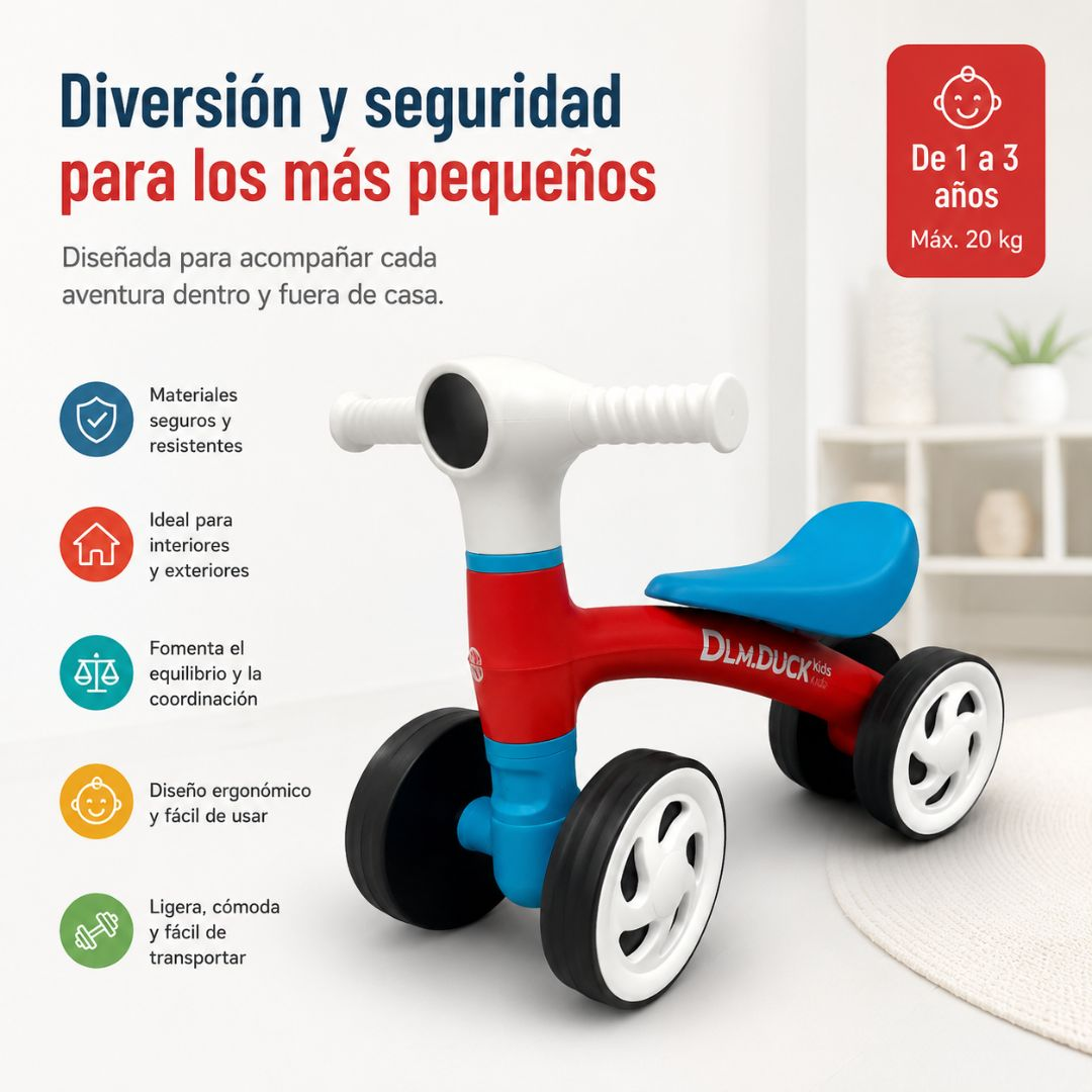 Una bicicleta de equilibrio de cuatro ruedas roja, azul y blanca para niños, rodeada de texto promocional e iconos.