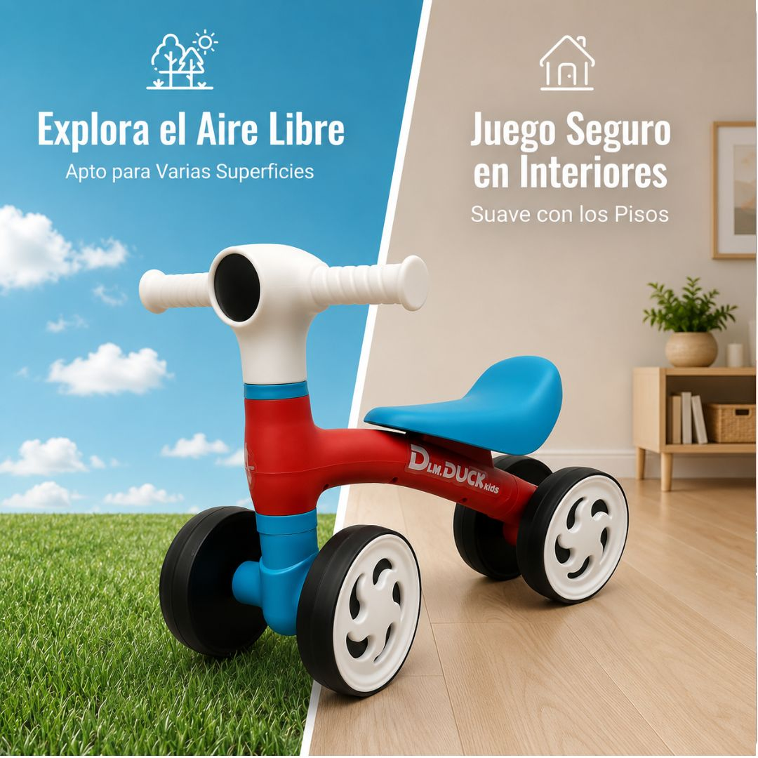 Un pequeño triciclo infantil rojo, azul y blanco sobre césped afuera a la izquierda y piso de madera adentro a la derecha.