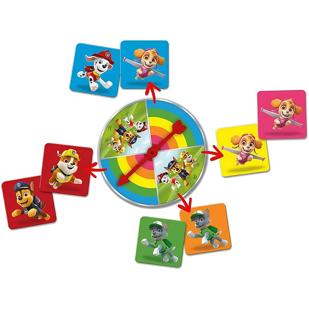 Ein buntes Paw Patrol Spiel mit einem Glücksrad in der Mitte und Charakterkarten drumherum.