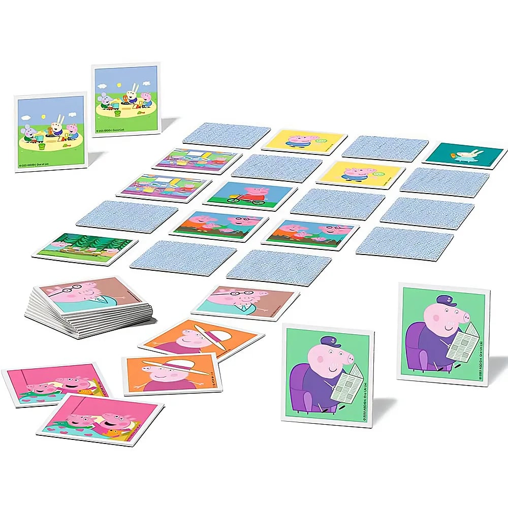 Ein Peppa Pig-Memory-Spiel mit verstreuten verdeckten und aufgedeckten Karten.