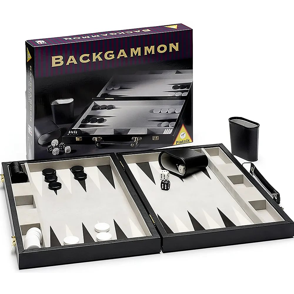 Set di backgammon aperto con custodia nera, dadi, bicchieri e pedine bianche e nere davanti alla sua scatola.