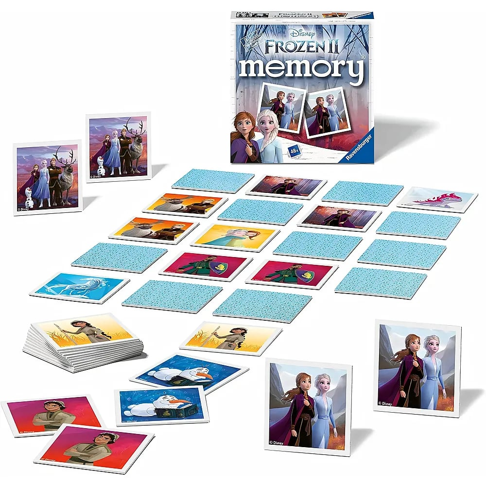 Disney Frozen II Memory-Spiel mit Box, Karten und Ständern auf weißem Hintergrund.