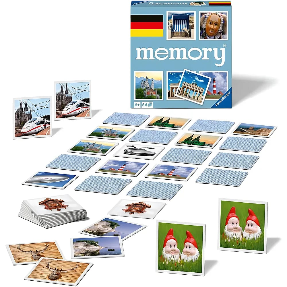 Deutsches memory-Spiel mit geöffneter Schachtel und ausgebreiteten Karten mit deutschen Sehenswürdigkeiten und Motiven.