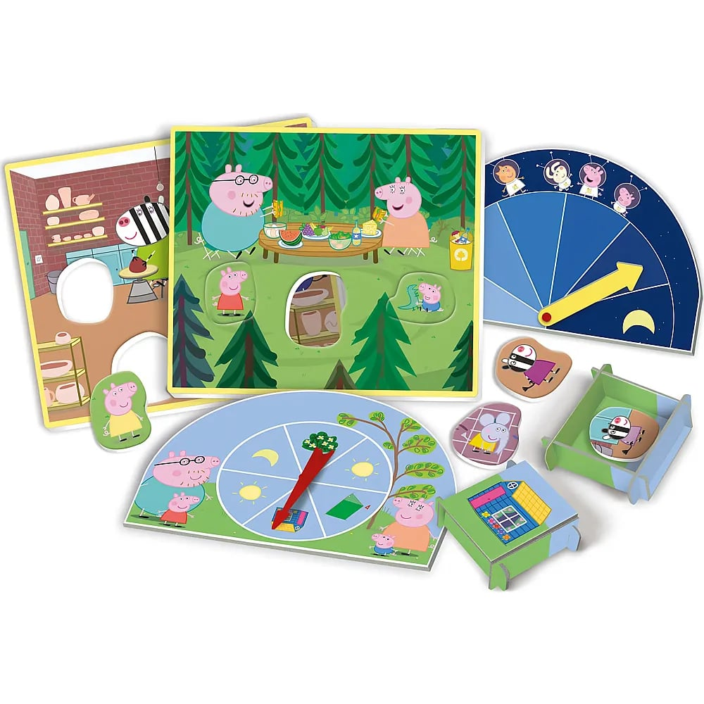 Peppa Wutz Brettspiel mit bunten Karten, Charakteren und Drehscheiben auf weißem Hintergrund.